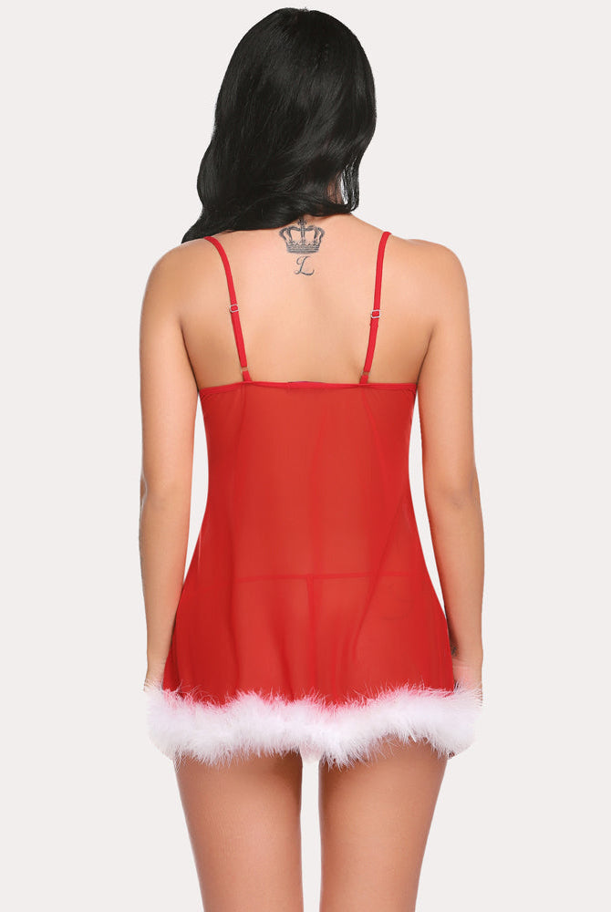 Red Santa chemise with white fur trim Christmas lingerie, sheer v-neck design, adjustable straps.