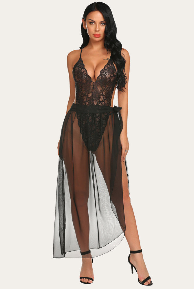 Black lace bodysuit with mesh skirt. Deep V-neck, high slit. Sexy lingerie for special nights.