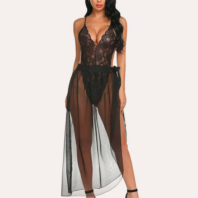 Black lace bodysuit with mesh skirt. Deep V-neck, high slit. Sexy lingerie for special nights.