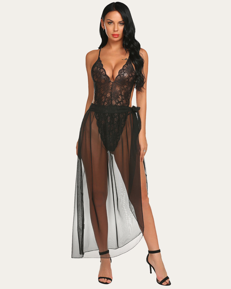 Black lace bodysuit with mesh skirt. Deep V-neck, high slit. Sexy lingerie for special nights.