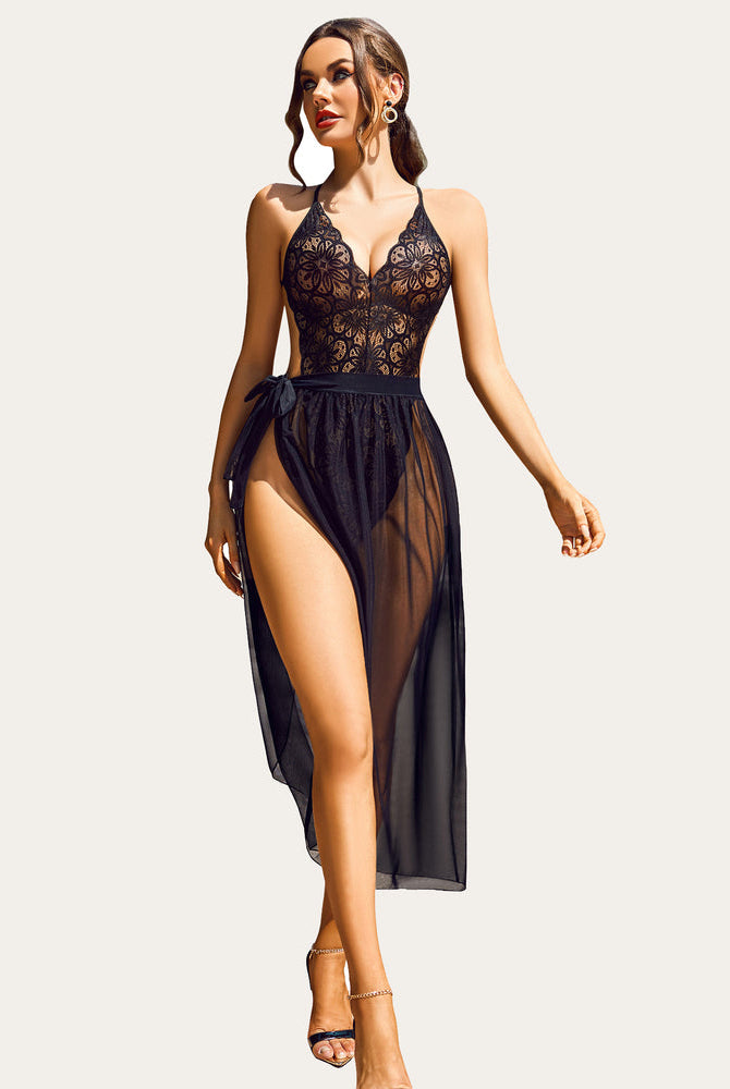 Black lace bodysuit with mesh skirt. Sexy lingerie for women, designed for special nights.