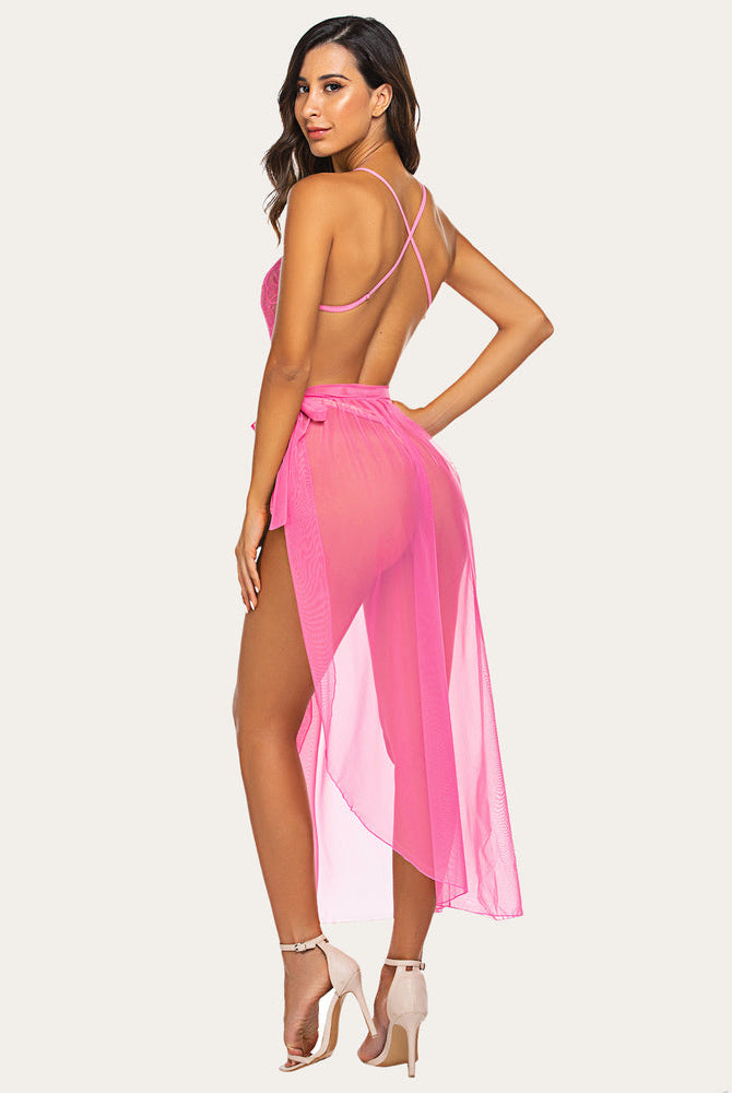 Pink lace bodysuit with mesh skirt set, deep V-neck, romantic nights, Avidlove