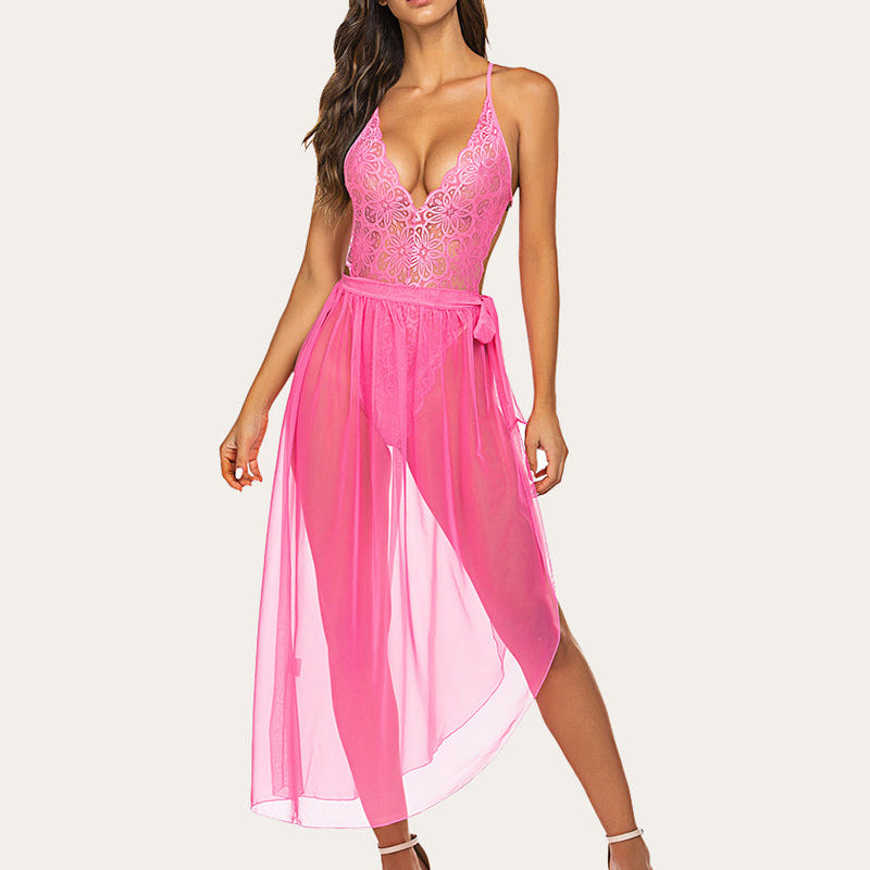 Pink lace bodysuit and mesh skirt lingerie set, deep V-neck, romantic nights, Avidlove
