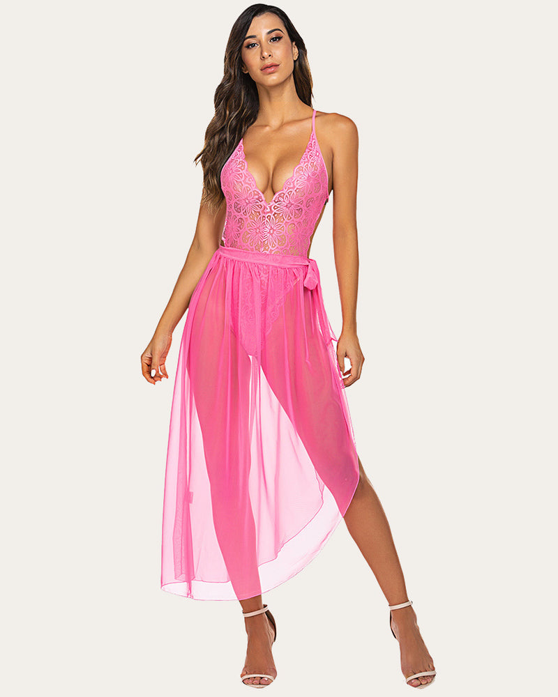 Pink lace bodysuit and mesh skirt lingerie set, deep V-neck, romantic nights, Avidlove