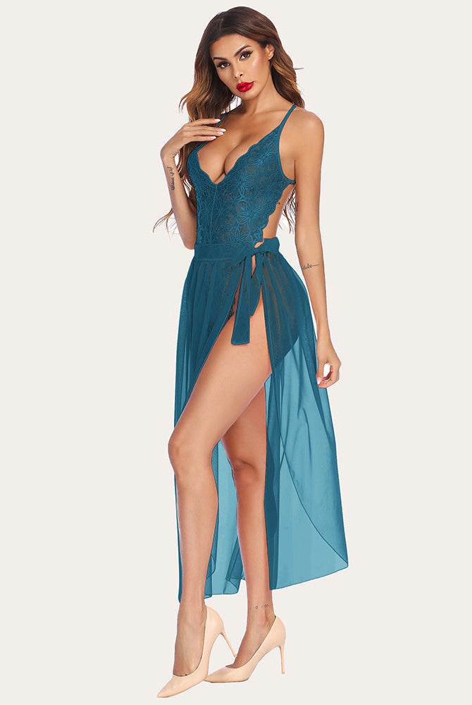 Teal lace bodysuit and mesh skirt, deep V-neck lingerie set, perfect for romantic nights, Avidlove
