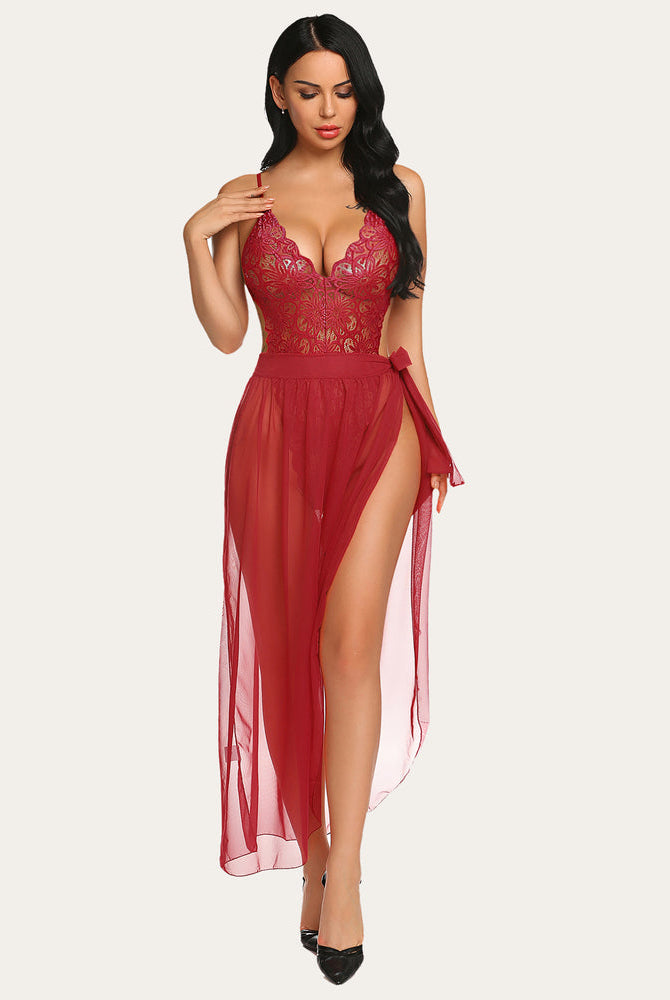 Red lace bodysuit and mesh skirt lingerie set, deep V-neck, perfect for romantic nights, Avidlove