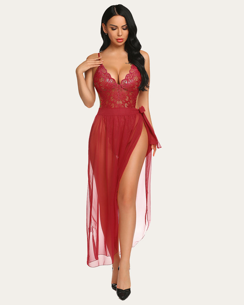 Red lace bodysuit and mesh skirt lingerie set, deep V-neck, perfect for romantic nights, Avidlove