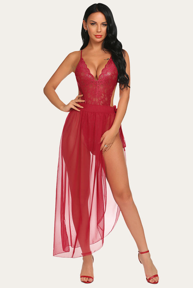 Red lace bodysuit and mesh skirt lingerie, deep V-neck, perfect for romantic nights, Avidlove