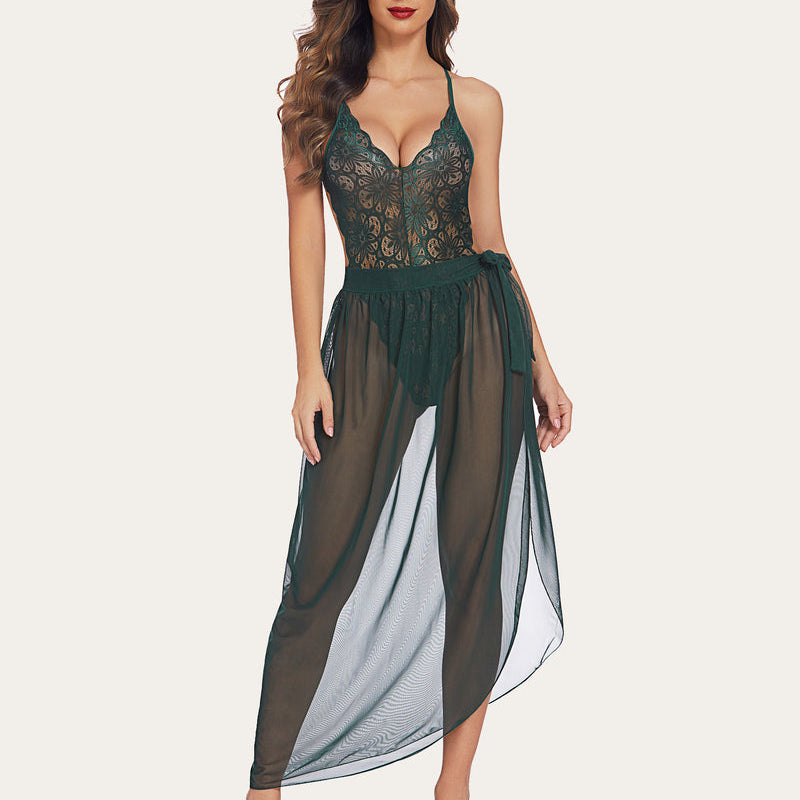 Avidlove green lace bodysuit and mesh skirt. Deep V-neck lingerie for romantic nights.