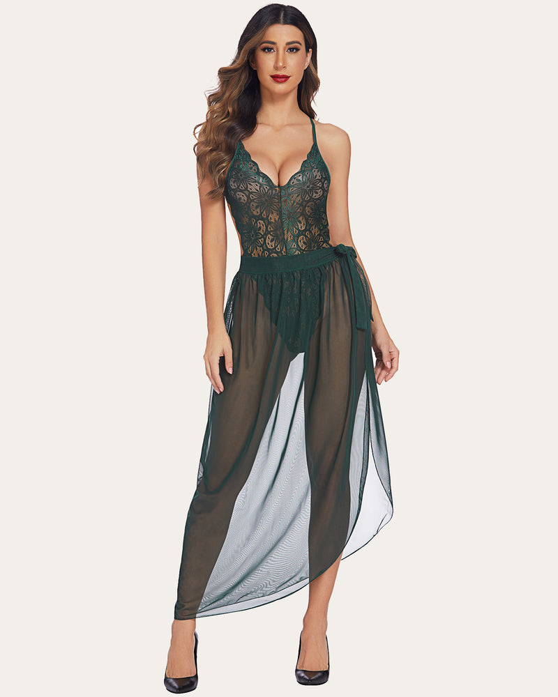 Avidlove green lace bodysuit and mesh skirt. Deep V-neck lingerie for romantic nights.