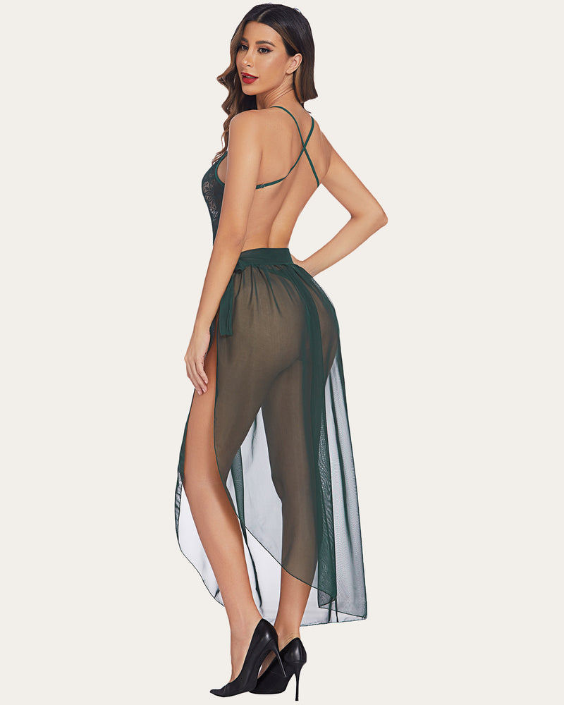 Green lace bodysuit and mesh skirt lingerie set, deep V-neck, romantic nights, Avidlove