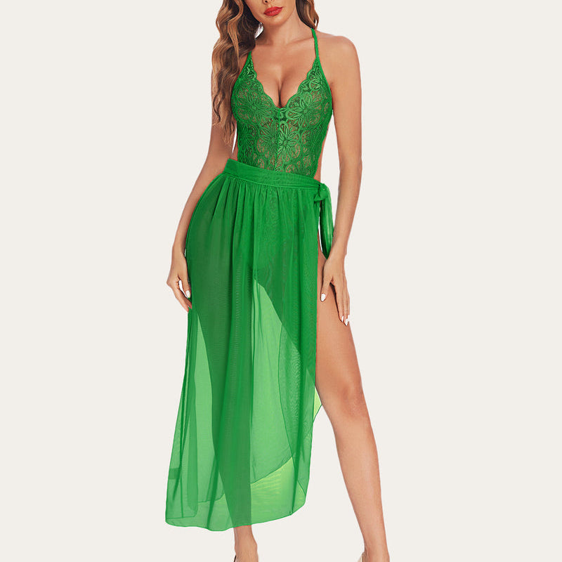Avidlove green lace bodysuit with mesh skirt. Sexy lingerie set, perfect for romantic nights.