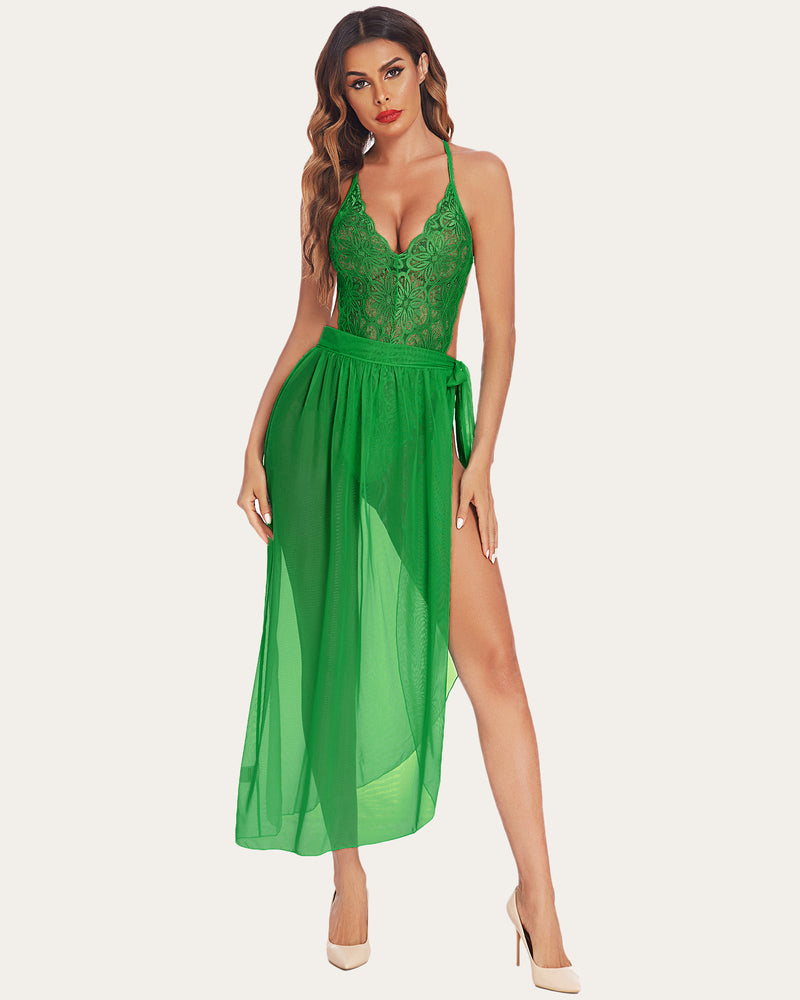 Avidlove green lace bodysuit with mesh skirt. Sexy lingerie set, perfect for romantic nights.