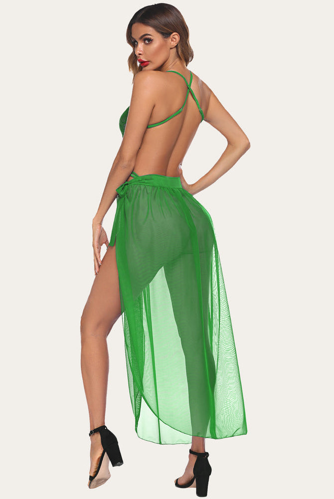 Green lingerie set with mesh skirt, backless design, perfect for romantic nights. Avidlove