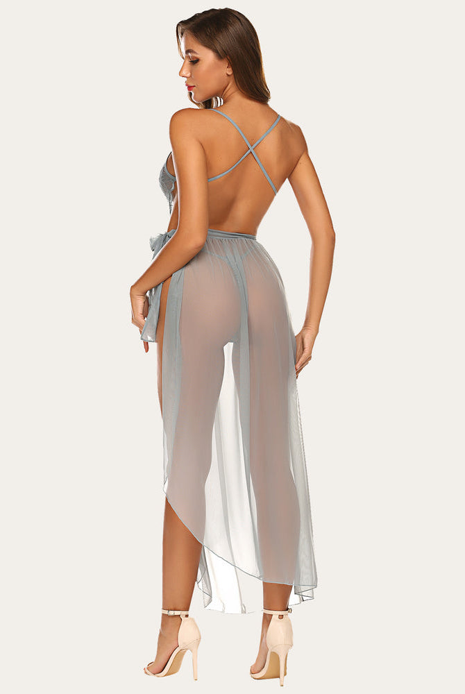 Light blue lace bodysuit and mesh skirt lingerie set. Open back, perfect for romantic nights.