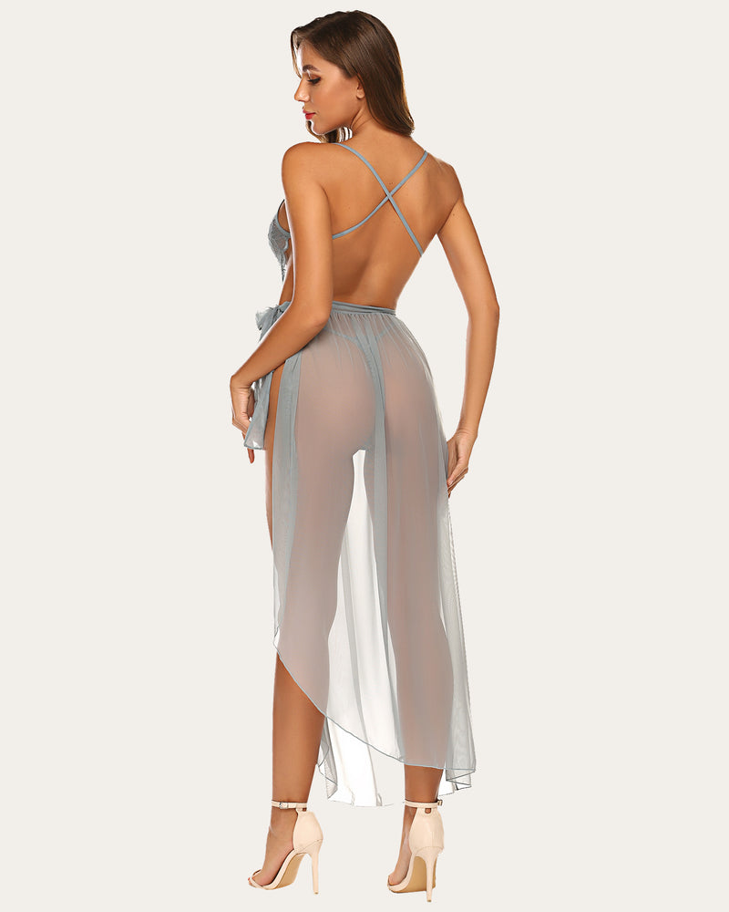 Light blue lace bodysuit and mesh skirt lingerie set. Open back, perfect for romantic nights.