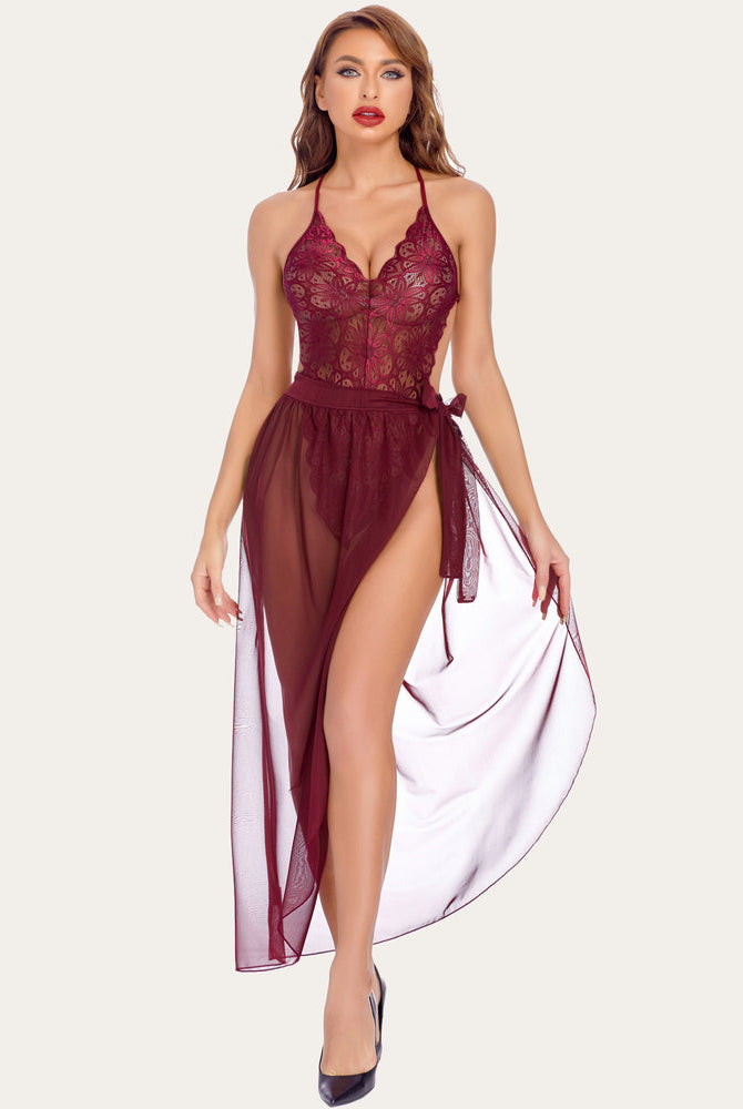 Burgundy lace bodysuit with mesh skirt lingerie, perfect for romantic nights, Avidlove