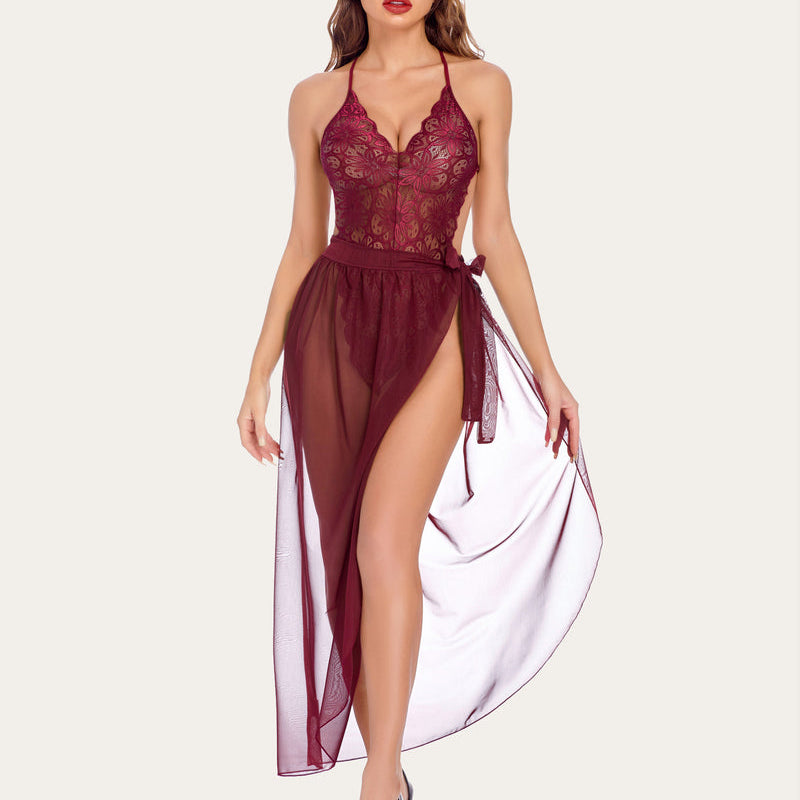 Burgundy lace bodysuit with mesh skirt lingerie, perfect for romantic nights, Avidlove