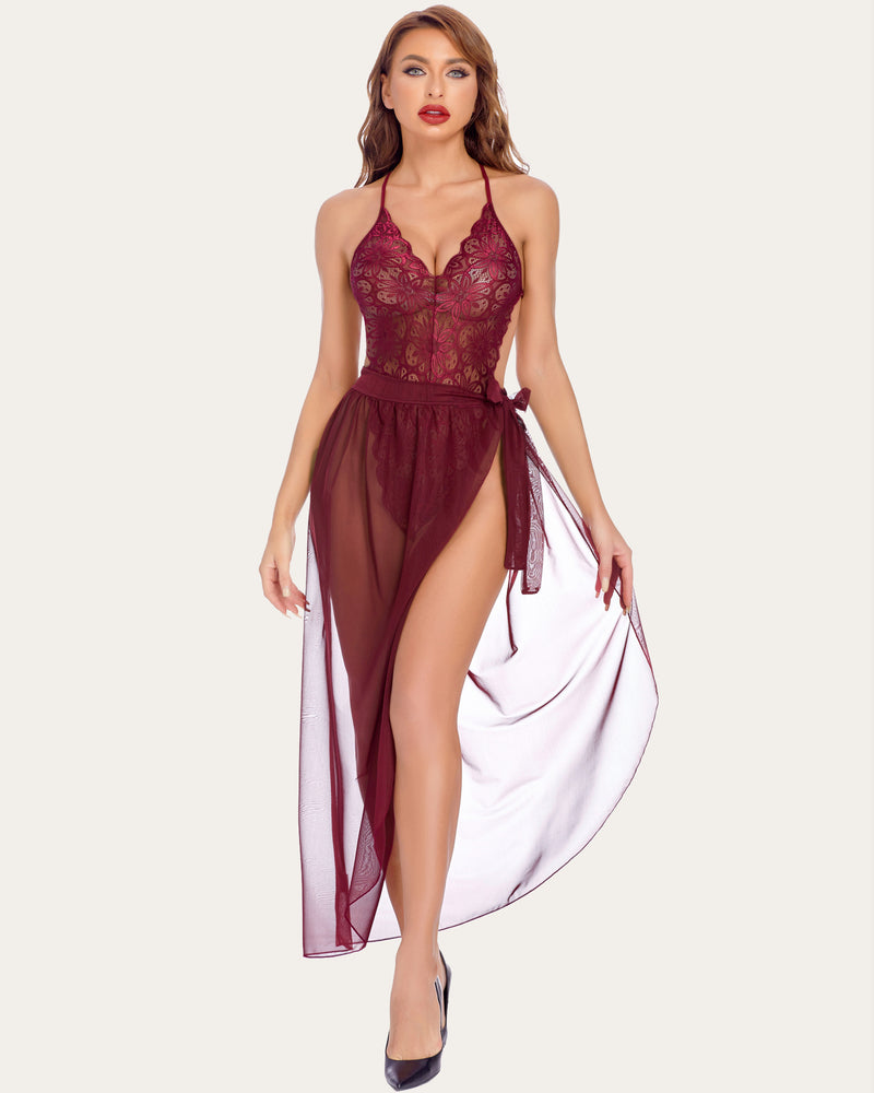 Burgundy lace bodysuit with mesh skirt lingerie, perfect for romantic nights, Avidlove