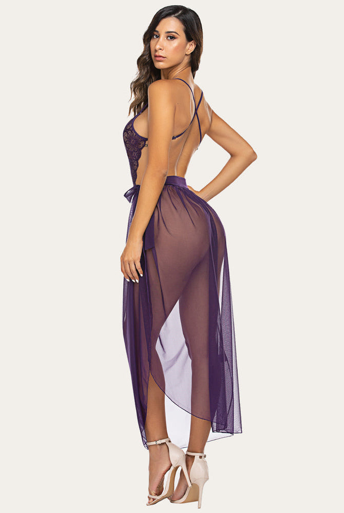Deep V-neck purple lace bodysuit with mesh skirt, perfect for romantic nights, Avidlove lingerie