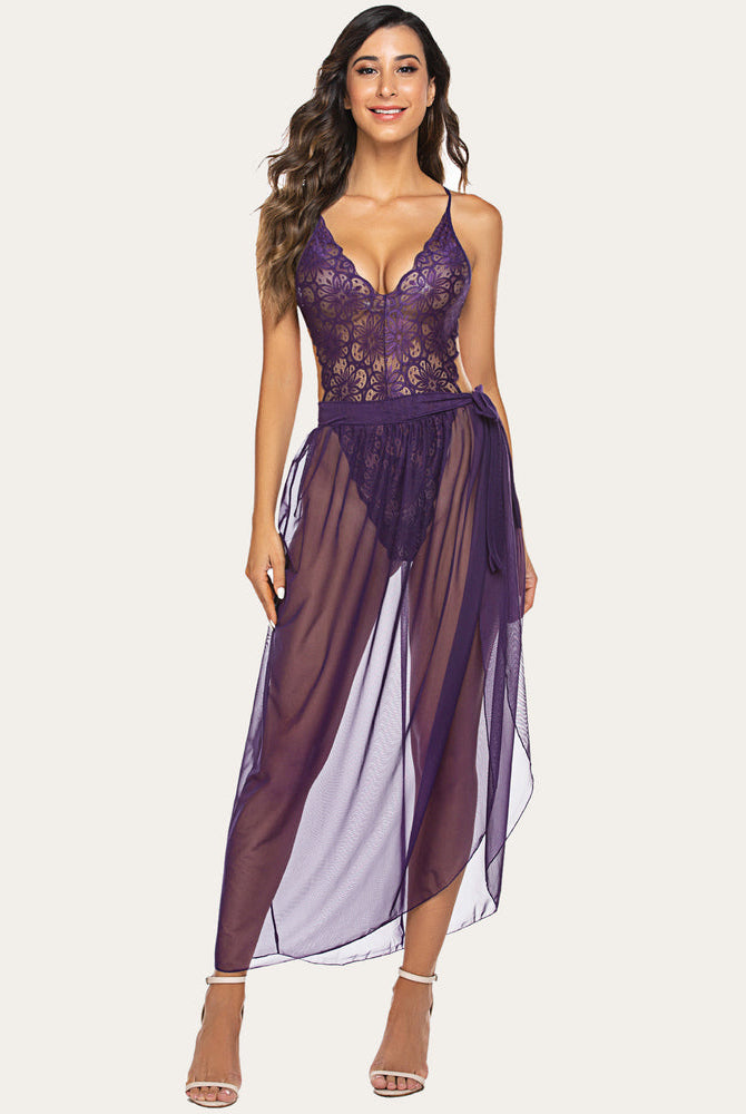 Avidlove purple lace bodysuit and mesh skirt lingerie set, deep V-neck for romantic nights.