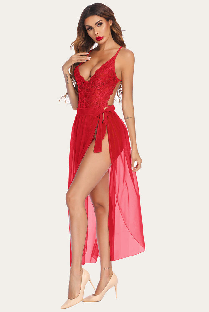 Red lace bodysuit lingerie set with mesh skirt, deep V-neck, perfect for romantic nights, Avidlove