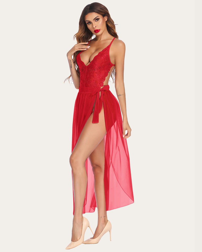Red lace bodysuit lingerie set with mesh skirt, deep V-neck, perfect for romantic nights, Avidlove