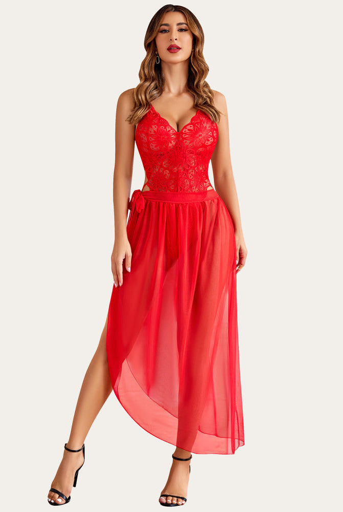 Red lace bodysuit and mesh skirt lingerie set. Deep V-neck, floral lace detail, and high-slit skirt.