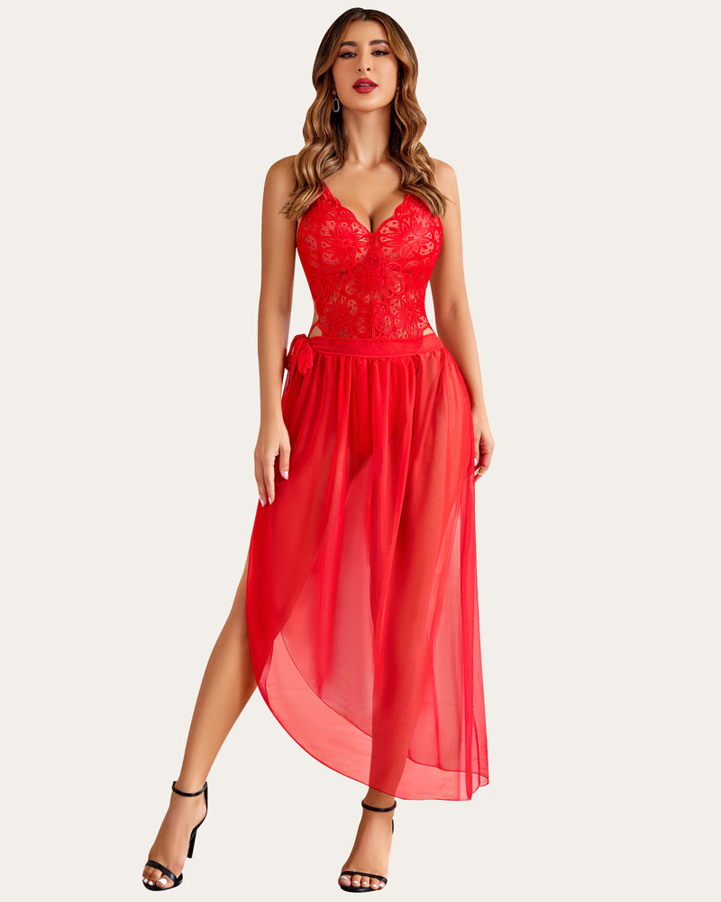 Red lace bodysuit and mesh skirt lingerie set. Deep V-neck, floral lace detail, and high-slit skirt.