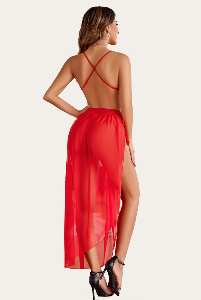 Red lingerie set with high-slit mesh skirt, enhancing confidence for romantic nights