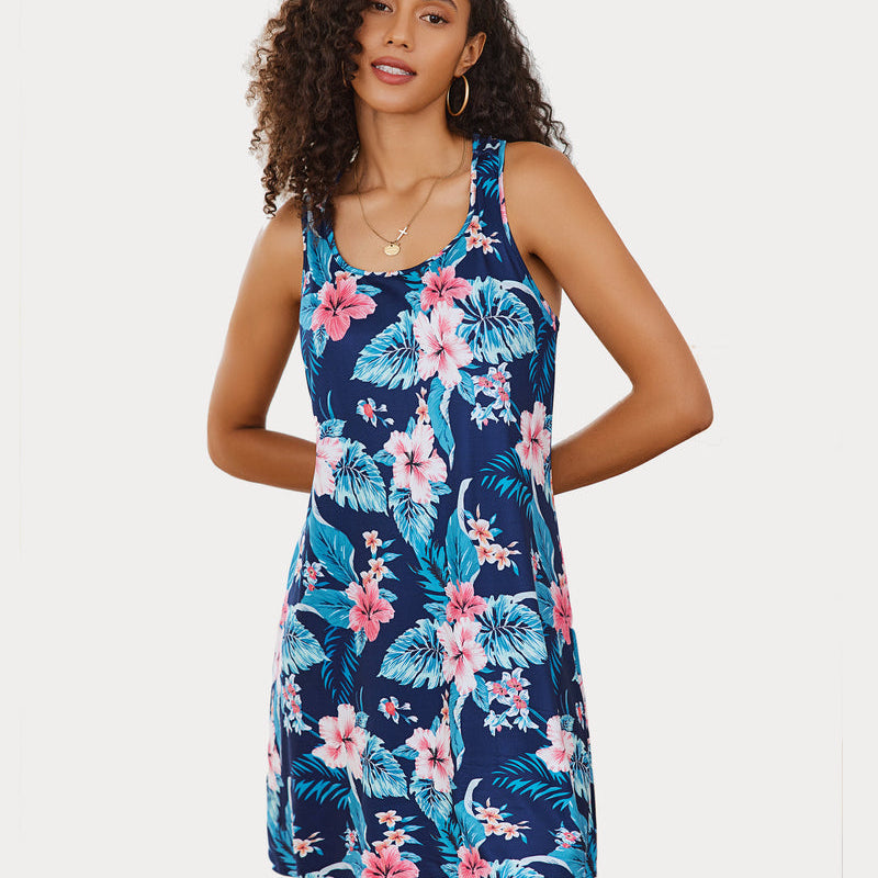 Navy floral racerback sleep dress. Comfortable sleepwear with vibrant pink and teal floral pattern.