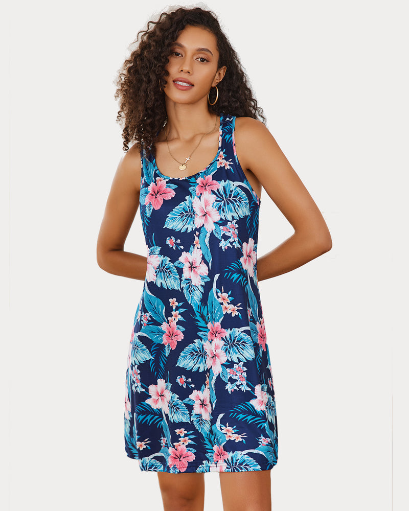 Navy floral racerback sleep dress. Comfortable sleepwear with vibrant pink and teal floral pattern.