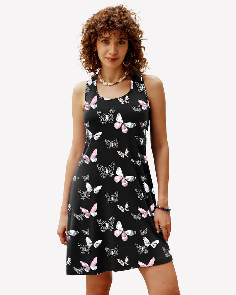 Black butterfly print racerback sleep dress. Comfortable modal nightie for women by Avidlove.