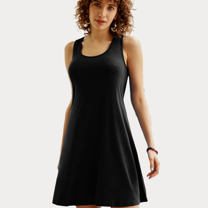 Black racerback tank dress nightgown made with soft modal fabric. Sleeveless sleep dress for women.