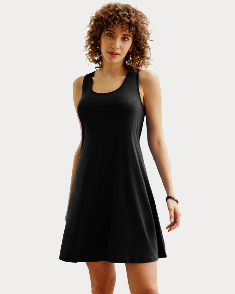 Black racerback tank dress nightgown made with soft modal fabric. Sleeveless sleep dress for women.