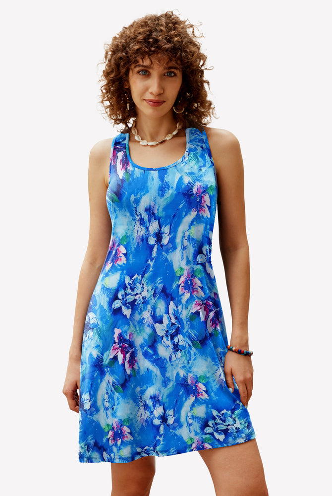 Blue floral print racerback sleep dress. Comfortable modal nightie with vibrant floral pattern.