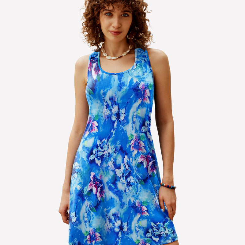 Blue floral print racerback sleep dress. Comfortable modal nightie with vibrant floral pattern.