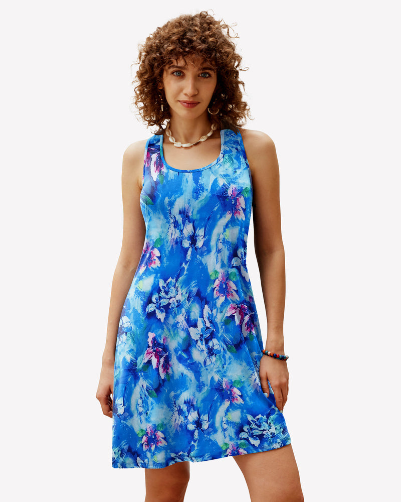 Blue floral print racerback sleep dress. Comfortable modal nightie with vibrant floral pattern.