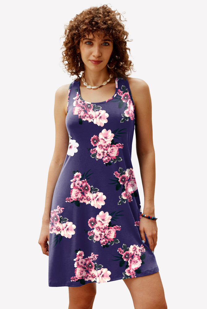 Navy floral racerback sleep dress for women. Comfortable modal nightie with vibrant floral pattern.