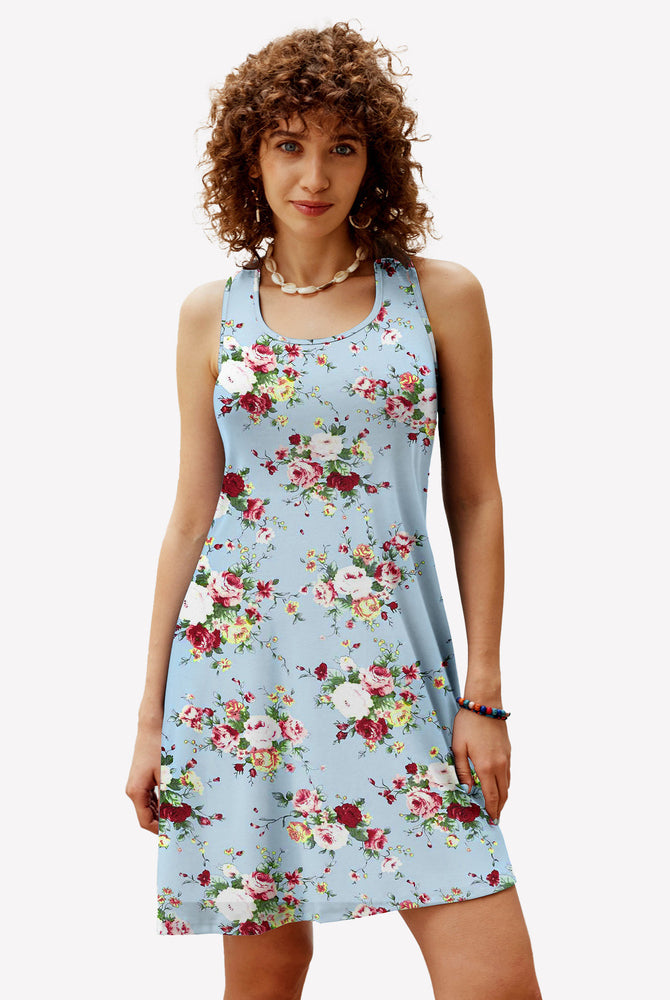Blue floral racerback sleep dress. Comfortable modal nightie with vibrant floral pattern for women.