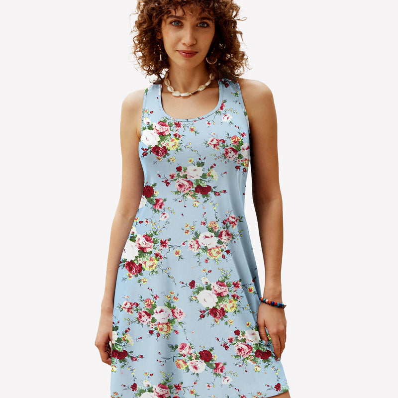 Blue floral racerback sleep dress. Comfortable modal nightie with vibrant floral pattern for women.
