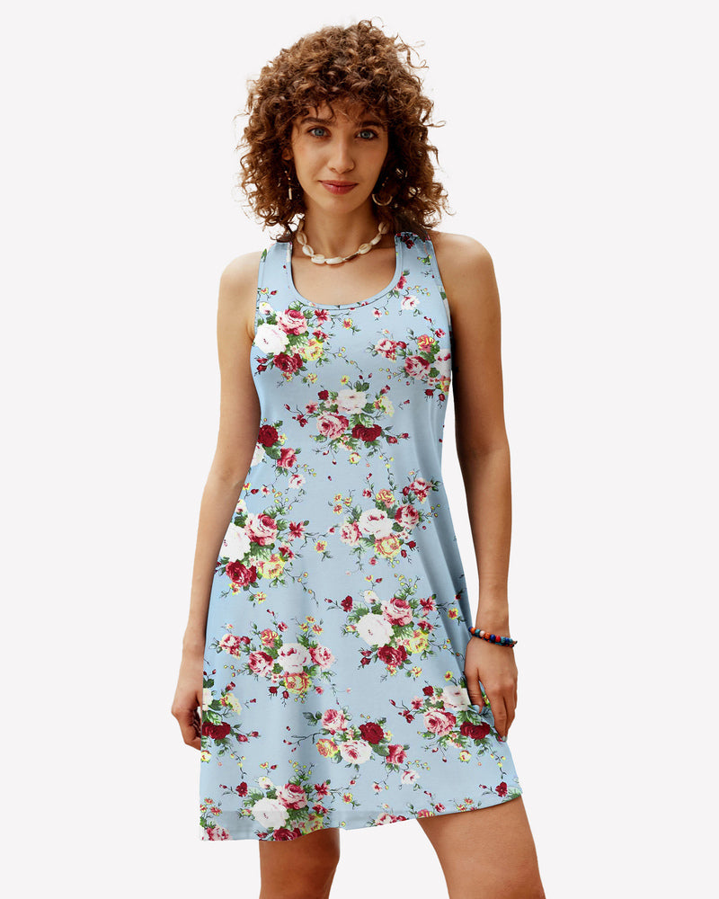 Blue floral racerback sleep dress. Comfortable modal nightie with vibrant floral pattern for women.