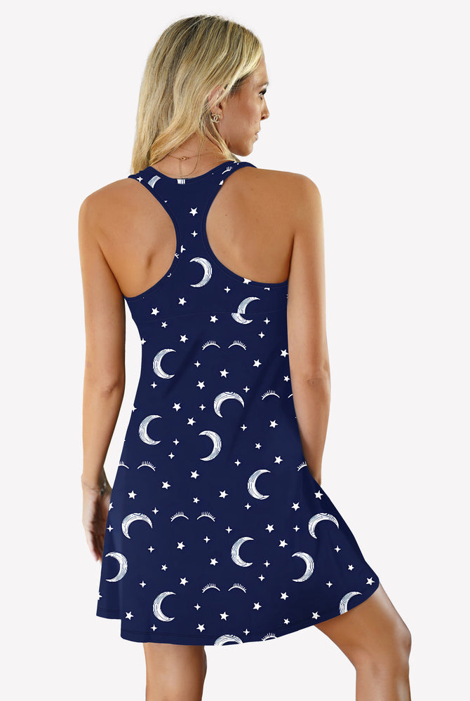 Navy moon and star print racerback sleep dress. Comfortable modal nightie for women by Avidlove.