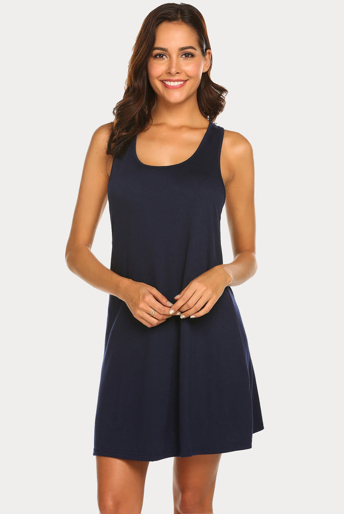 Navy racerback tank dress nightgown. Soft modal sleep dress for women, comfortable Avidlove design.