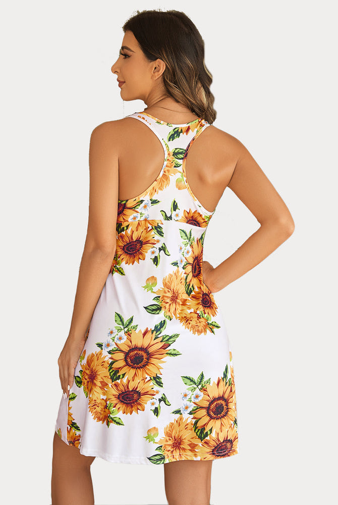 White racerback sleep dress with sunflower print, modal nightie, perfect for comfort