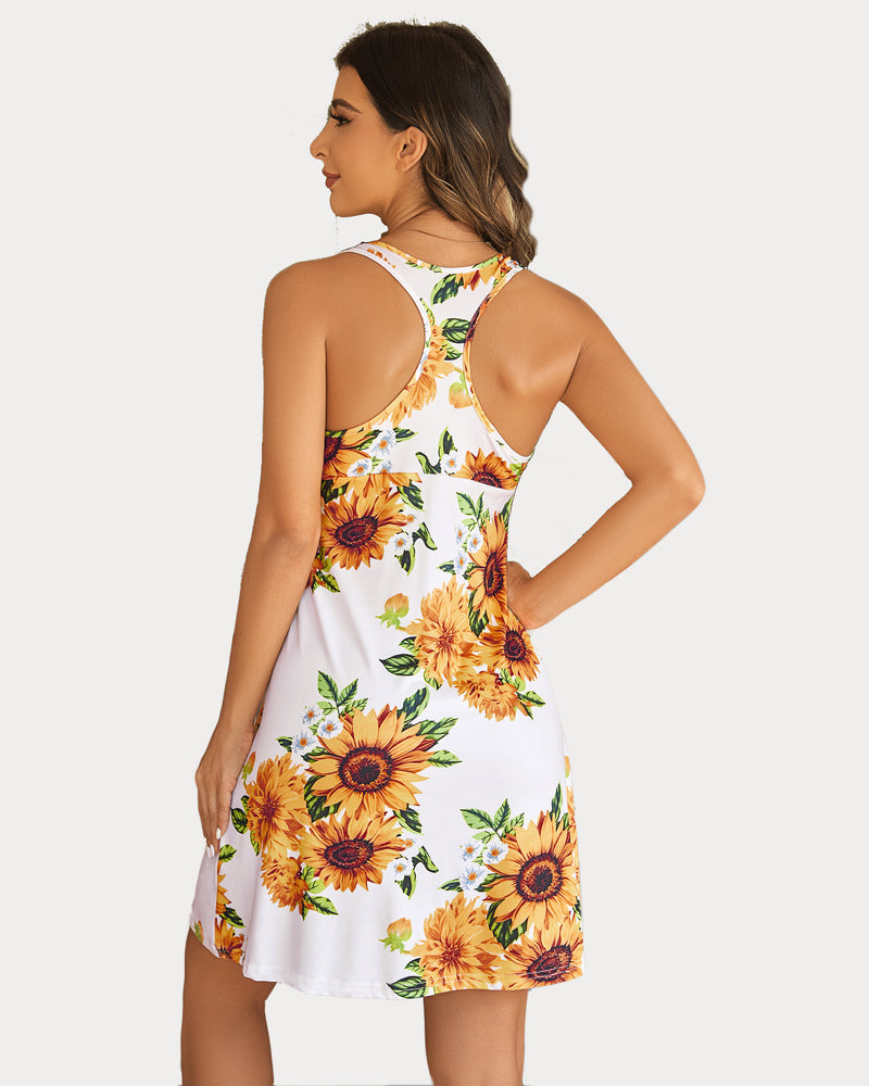 White sunflower print racerback sleep dress. Comfortable modal nightie for women by Avidlove.