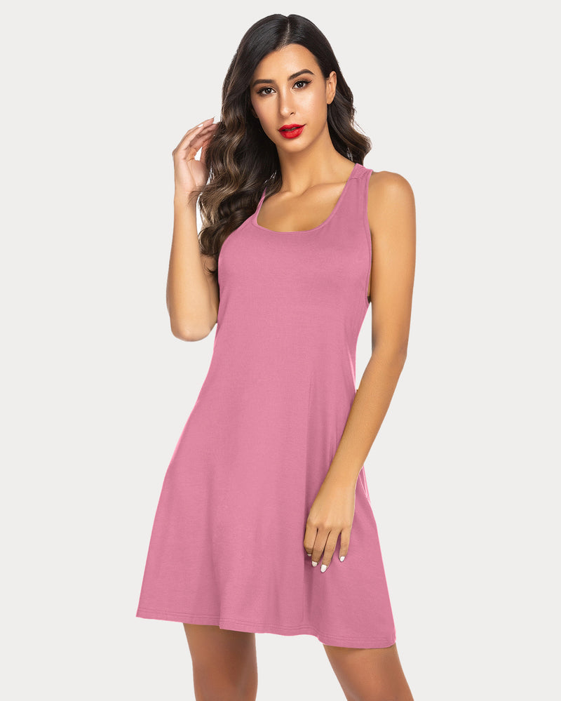 Pink Racerback Tank Dress Nightgown, modal sleep dress for women, comfortable Avidlove design.