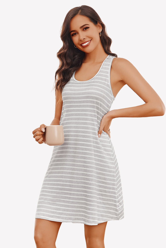 Gray striped racerback sleep dress. Comfortable modal nightie for women by Avidlove.