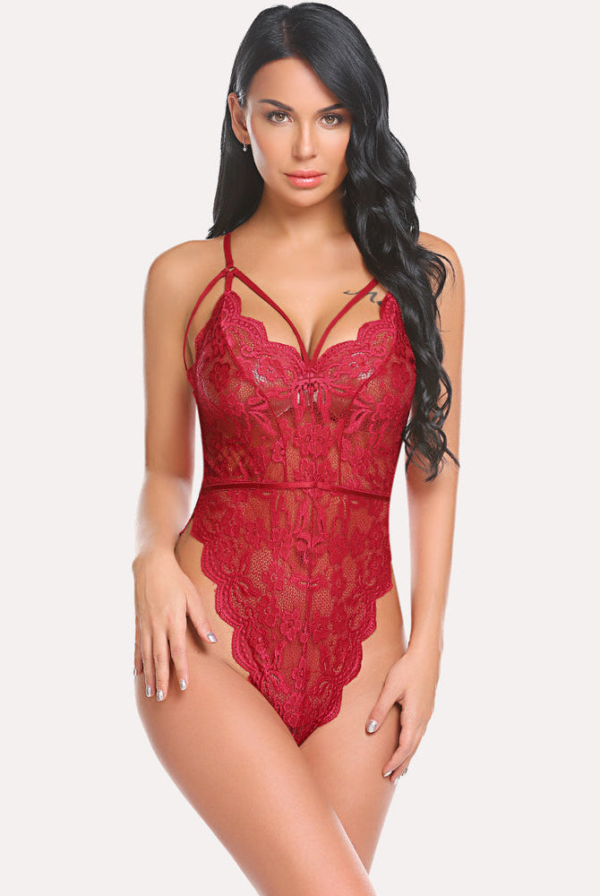 Wine red floral lace bodysuit with scalloped trim, V-neck and thin spaghetti straps
