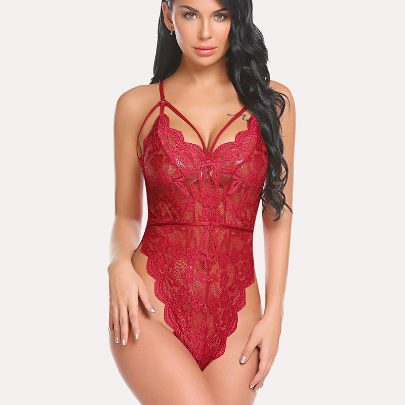 Wine red floral lace bodysuit with scalloped trim, V-neck and thin spaghetti straps